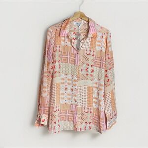 Rose + Olive Women's Long-Sleeved Button-Down Patchwork Blouse XL Semi-Sheer